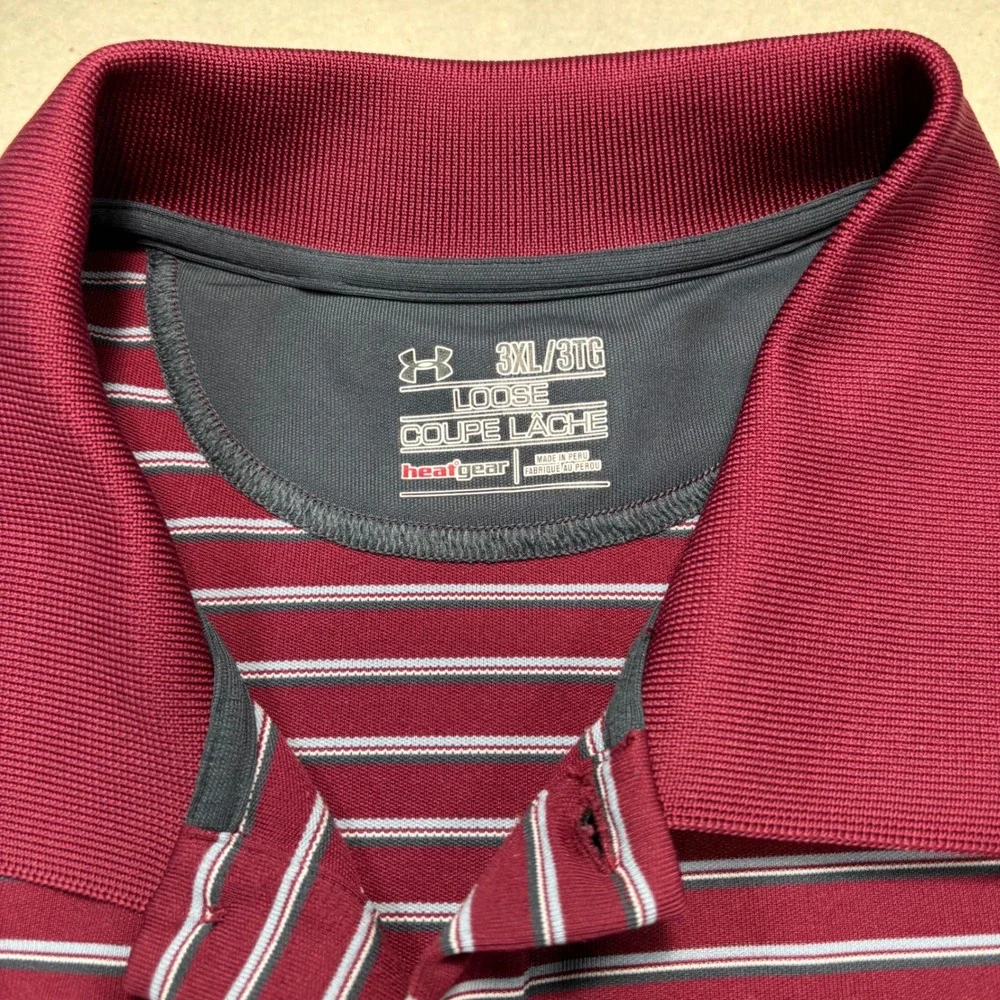 Under Armour HeatGear Mens 3XL Striped Polo SBurgundy‎ Grey Short Sleeve  #947